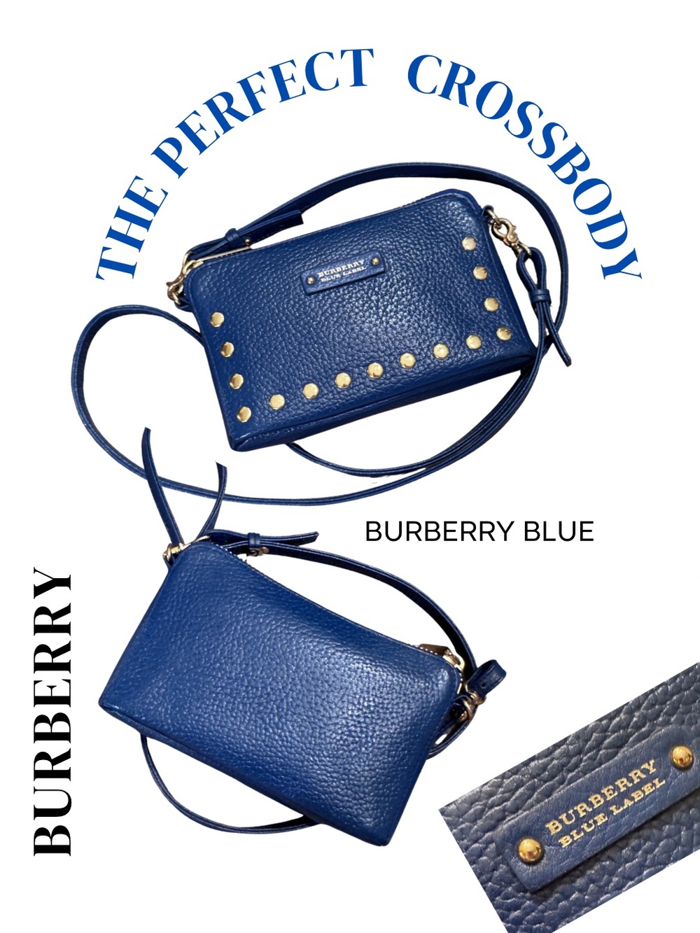 Burberry Blue Pebbled Leather Crossbody with Gold Stud Accents